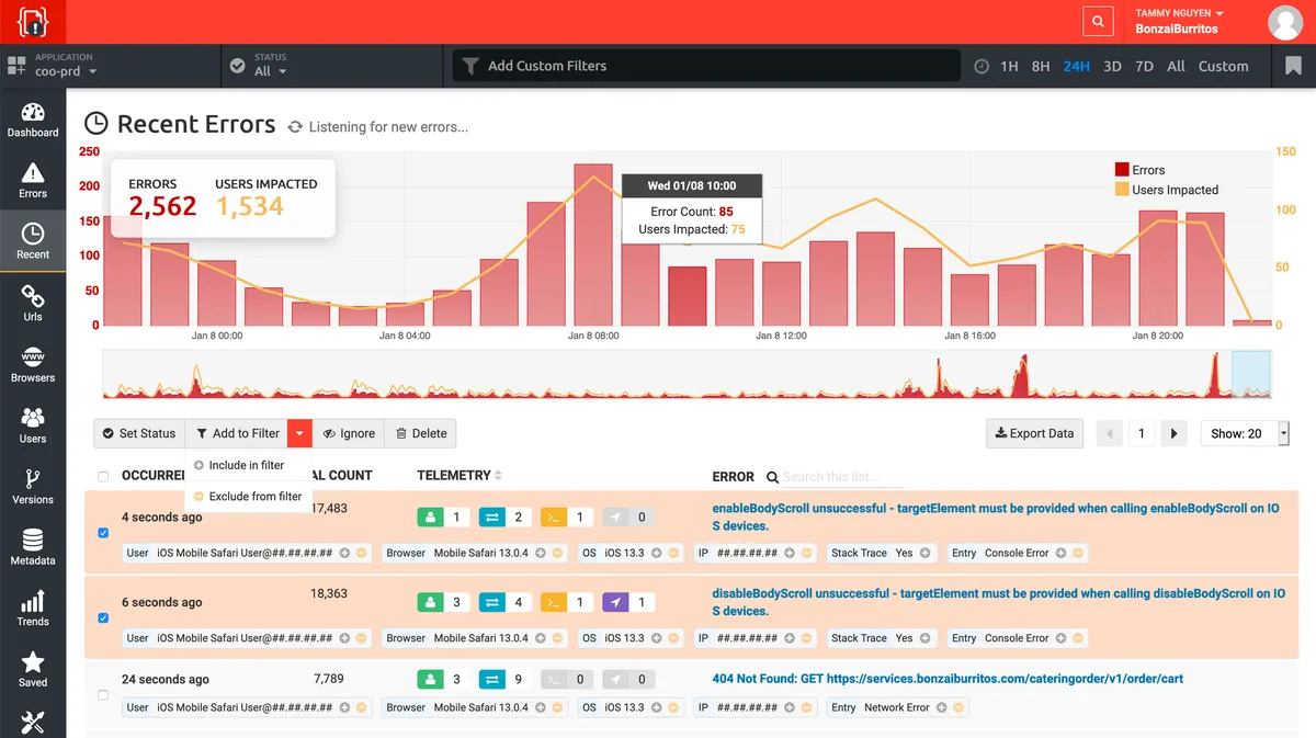 Interface TrackJS: fonctionnalités, prix, alternatives