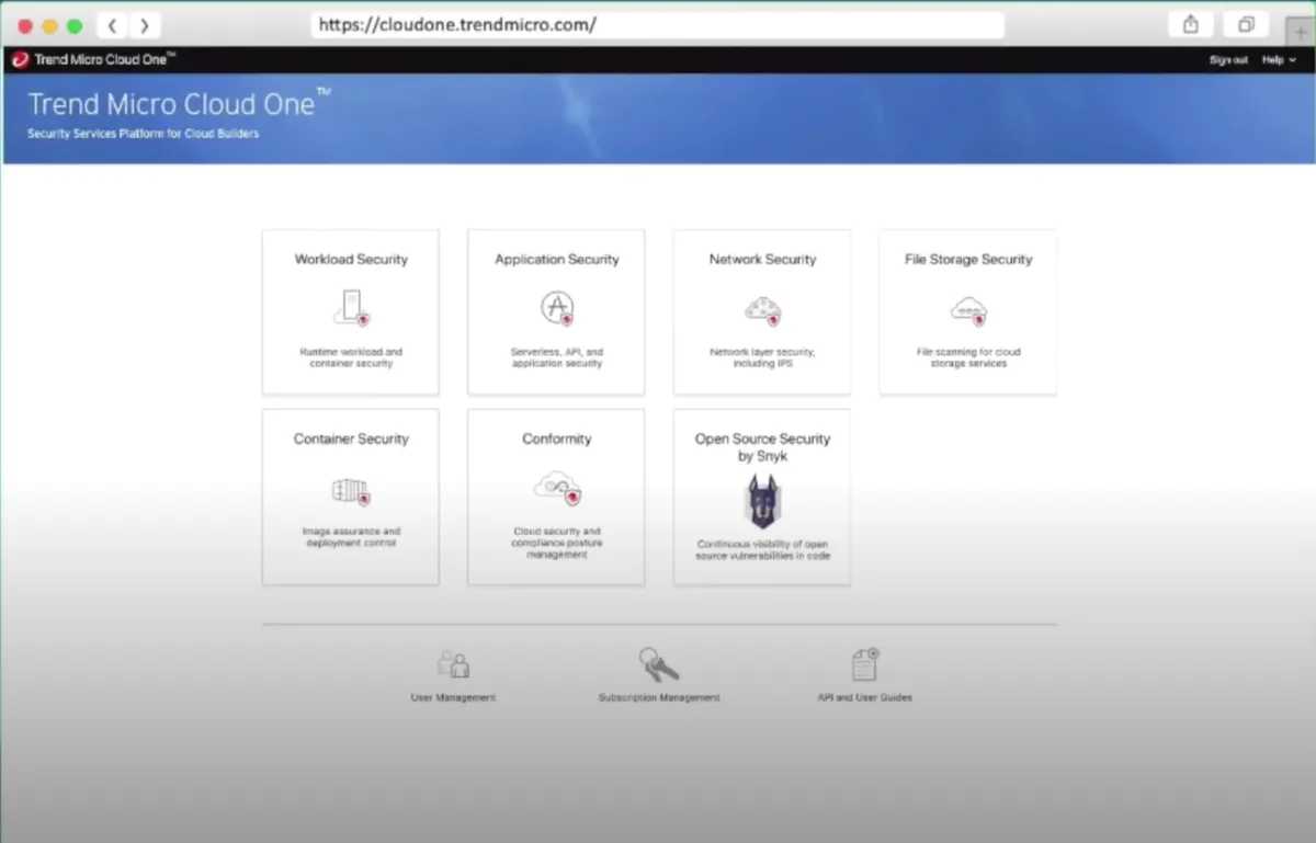 Interface Trend Micro Cloud One: image, ergonomie, alternatives