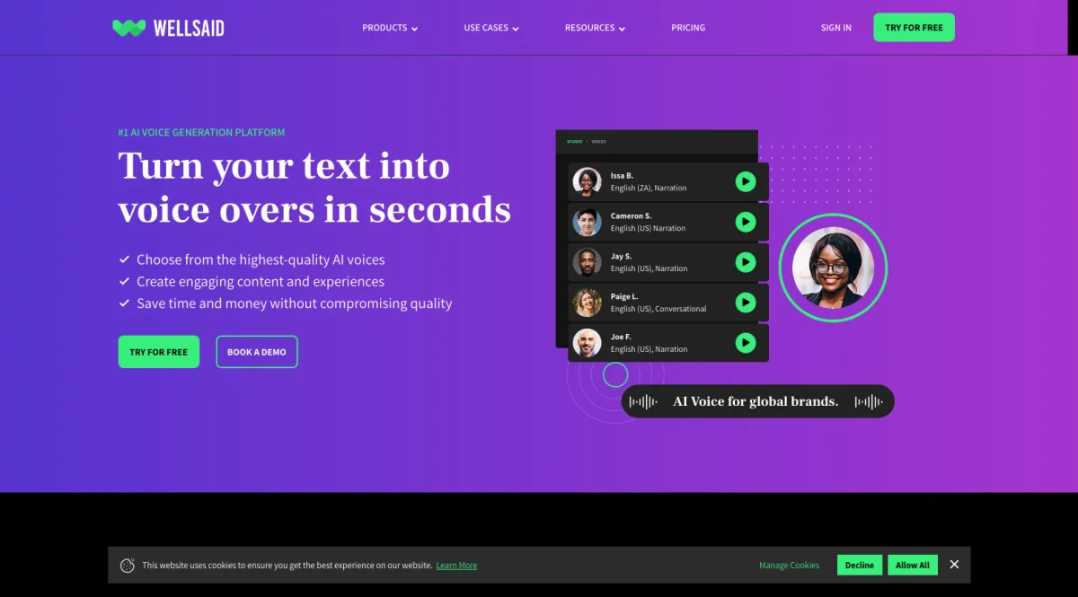 Interface Wellsaid : fonctionnalités, prix, alternatives